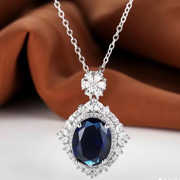 Luxe Aqua Blue Royal Oval Pendant – Rhodium-Plated Elegance main image 0